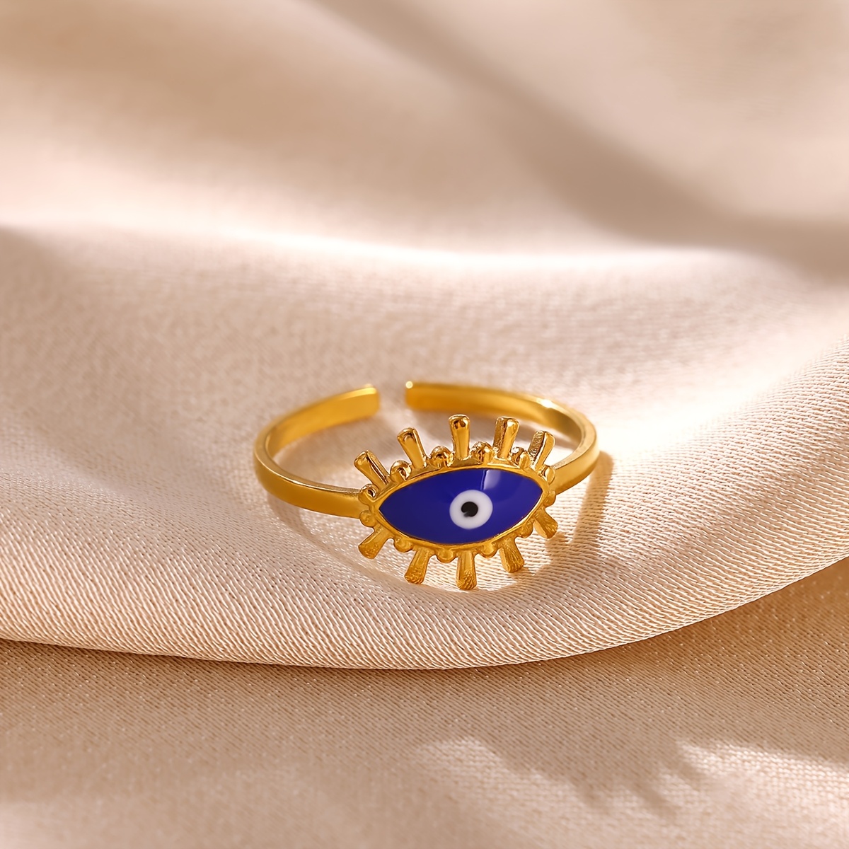 Blue Enamel Demon's Eye Open Ring, Stainless Steel